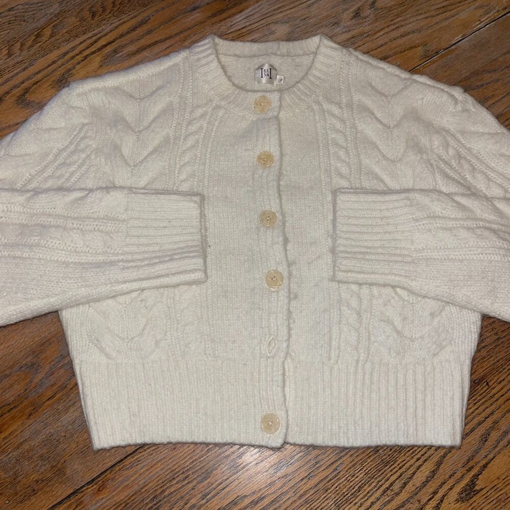 ELSA cream cardigan sweater/cable front /nice condition/missing a button /L
